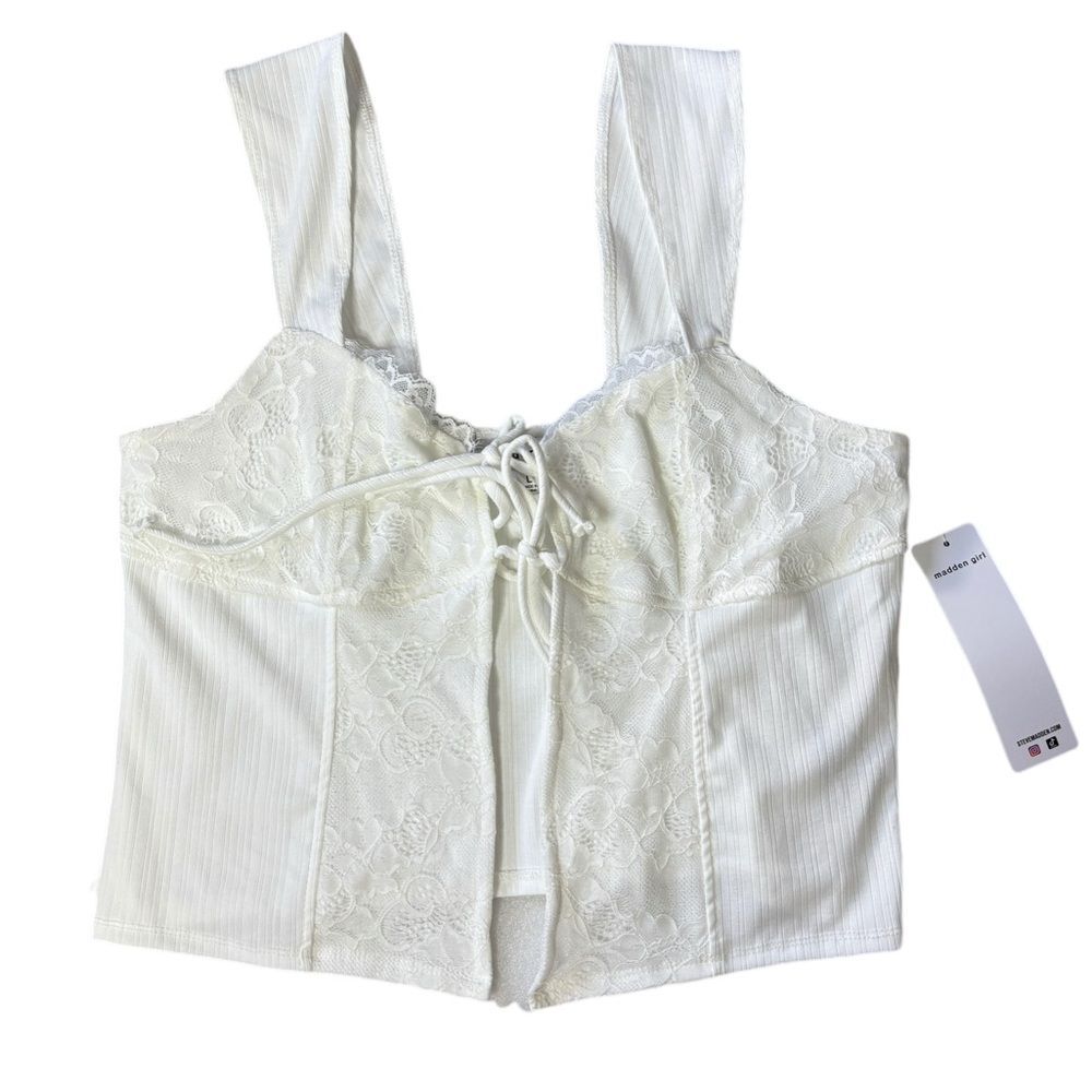 Madden Girl White Lace Tie Front Crop Tank Top